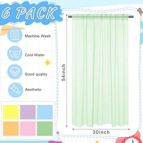 Tranqun 6 Pcs School Classroom Curtains Candy Color Pastel Sheer Window Panel Colorful Tulle Curtains 30" w x 54" L Translucent Bright Drapes for Kindergarten Daycare Primary School Playroom Decor in Saudi Arabia