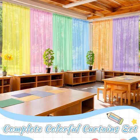 Tranqun 6 Pcs School Classroom Curtains Candy Color Pastel Sheer Window Panel Colorful Tulle Curtains 30" w x 54" L Translucent Bright Drapes for Kindergarten Daycare Primary School Playroom Decor in Saudi Arabia