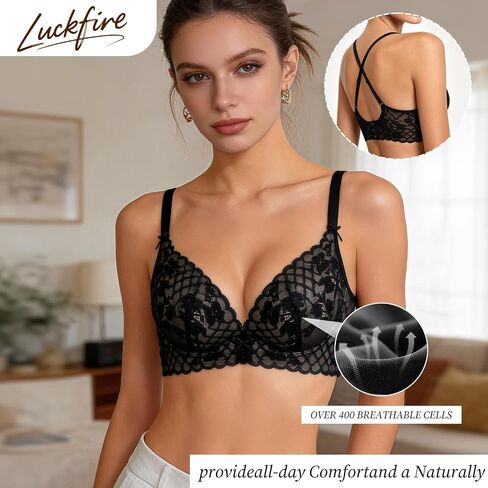مشروط القطن الصدر هدفين Bralette اللاسلكية رقيقة جدا مثير الدانتيل، دعم لينة مبطن بخفة تنفس لكأس AAA-B in Kuwait