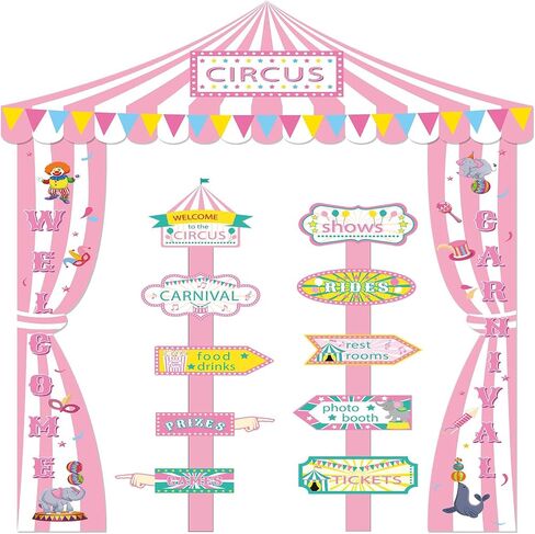 13 Pcs Circus Birthday Party Decoration Set Pink and White Striped Banner Carnival Banner awning and Signage in Saudi Arabia