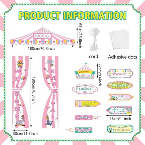 13 Pcs Circus Birthday Party Decoration Set Pink and White Striped Banner Carnival Banner awning and Signage in Saudi Arabia