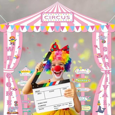 13 Pcs Circus Birthday Party Decoration Set Pink and White Striped Banner Carnival Banner awning and Signage in Saudi Arabia