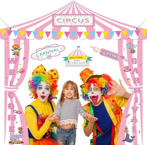 13 Pcs Circus Birthday Party Decoration Set Pink and White Striped Banner Carnival Banner awning and Signage in Saudi Arabia