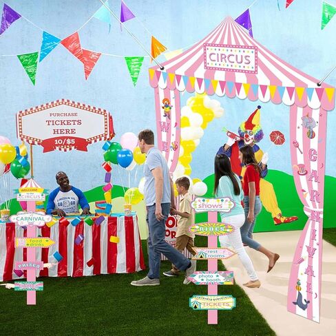 13 Pcs Circus Birthday Party Decoration Set Pink and White Striped Banner Carnival Banner awning and Signage in Saudi Arabia