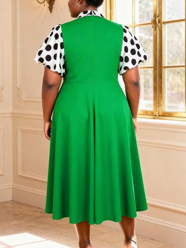 AOMEI Plus Size Green A-Line Graduation Dress for Women Polka Dot Puff Sleeve Midi Party Outfits Collared in Kuwait