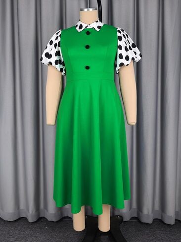 AOMEI Plus Size Green A-Line Graduation Dress for Women Polka Dot Puff Sleeve Midi Party Outfits Collared in Kuwait