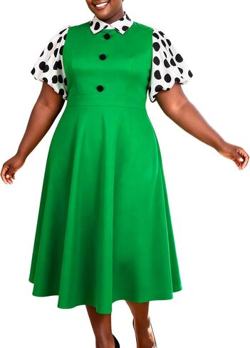 AOMEI Plus Size Green A-Line Graduation Dress for Women Polka Dot Puff Sleeve Midi Party Outfits Collared in Kuwait