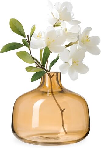 Torre & Tagus Belle Mouth Blown Art Glass Vase for Flowers - 4" Tall Clear Light Amber Colorful Vase, Handmade Small Amber Vases for Home Decor, Orange Bud Vases as Decorative Shelf Decor or Wedding in Kuwait