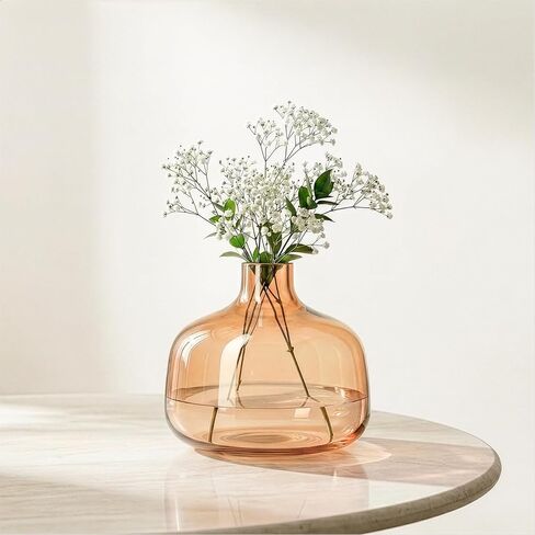 Torre & Tagus Belle Mouth Blown Art Glass Vase for Flowers - 4" Tall Clear Light Amber Colorful Vase, Handmade Small Amber Vases for Home Decor, Orange Bud Vases as Decorative Shelf Decor or Wedding in Kuwait