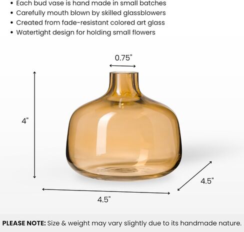 Torre & Tagus Belle Mouth Blown Art Glass Vase for Flowers - 4" Tall Clear Light Amber Colorful Vase, Handmade Small Amber Vases for Home Decor, Orange Bud Vases as Decorative Shelf Decor or Wedding in Kuwait