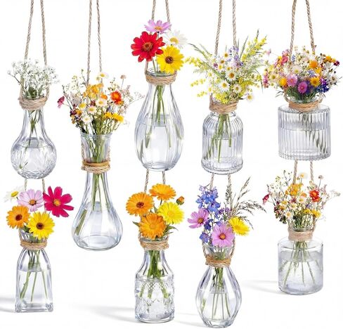 Baderke Set of 9 Glass Window Propagation Vases with Jute Rope Small Wall Propagation Vases Mini Vintage Embossed Flower Vase for Plant Lover Wedding Party Gift Hydroponic Garden Home Decoration in Kuwait