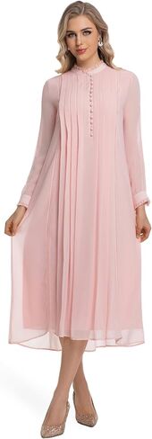 Women's 2026 Spring Fall Midi Dress with Belt Casual Long Sleeve Lace V Neck Pleated A Line Flowy Dresses for Work or Daily in Saudi Arabia