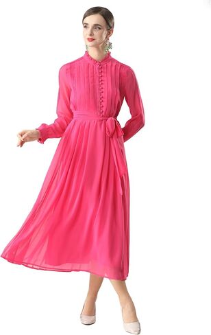 Women's 2026 Spring Fall Midi Dress with Belt Casual Long Sleeve Lace V Neck Pleated A Line Flowy Dresses for Work or Daily in Kuwait
