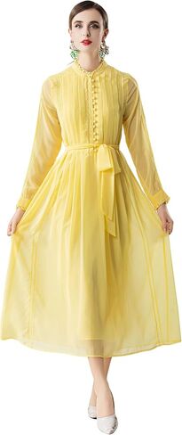 Women's 2026 Spring Fall Midi Dress with Belt Casual Long Sleeve Lace V Neck Pleated A Line Flowy Dresses for Work or Daily in Kuwait