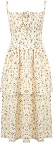 Womens Summer Dresses 2026 Floral Corset Milkmaid Sundress, Cute Smocked Flowy Boho Casual Midi Dress with Pocket in Kuwait