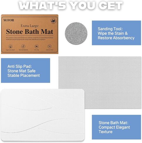 32"x20" Stone Bath Mat, Diatomaceous Earth Shower Mat, Non-Slip Super Absorbent Quick Drying Bathroom Floor Mat, Natural, Easy to Clean (Milky White) in Saudi Arabia