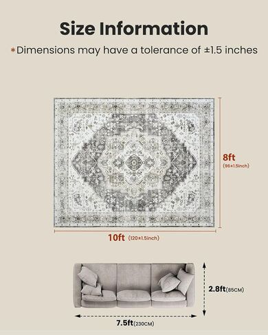 AMADA HOMEFURNISHING Grey 8x10 Area Rug, Washable Low-Profile Large Area Rug with Non-Slip Backing & Durable Edge Binding, Vintage Large Rugs for Living Room, Bedroom in Saudi Arabia