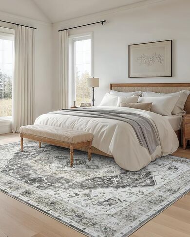 AMADA HOMEFURNISHING Grey 8x10 Area Rug, Washable Low-Profile Large Area Rug with Non-Slip Backing & Durable Edge Binding, Vintage Large Rugs for Living Room, Bedroom in Saudi Arabia