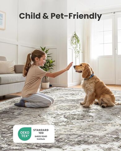AMADA HOMEFURNISHING Grey 8x10 Area Rug, Washable Low-Profile Large Area Rug with Non-Slip Backing & Durable Edge Binding, Vintage Large Rugs for Living Room, Bedroom in Saudi Arabia