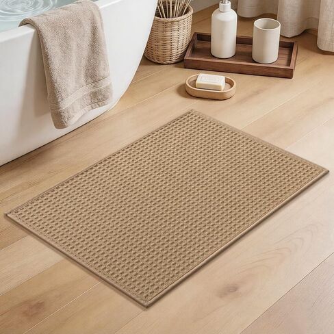YIHOUSE Waffle Ultra Thin Small Bath Mat, Soft & Absorbent Bathroom Rug, Non-Slip Rubber Backed, Quick Dry Shower Mat, Boho Farmhouse Bathroom Decor, Machine Washable, Khaki, 17 * 24 in Kuwait