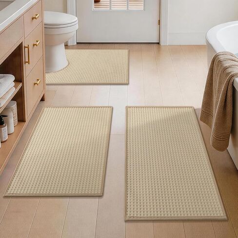 YIHOUSE Waffle Ultra Thin Small Bath Mat, Soft & Absorbent Bathroom Rug, Non-Slip Rubber Backed, Quick Dry Shower Mat, Boho Farmhouse Bathroom Decor, Machine Washable, Khaki, 17 * 24 in Saudi Arabia