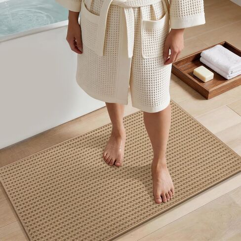 YIHOUSE Waffle Ultra Thin Small Bath Mat, Soft & Absorbent Bathroom Rug, Non-Slip Rubber Backed, Quick Dry Shower Mat, Boho Farmhouse Bathroom Decor, Machine Washable, Khaki, 17 * 24 in Kuwait