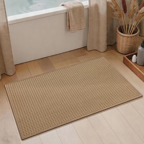 YIHOUSE Waffle Ultra Thin Small Bath Mat, Soft & Absorbent Bathroom Rug, Non-Slip Rubber Backed, Quick Dry Shower Mat, Boho Farmhouse Bathroom Decor, Machine Washable, Khaki, 17 * 24 in Kuwait