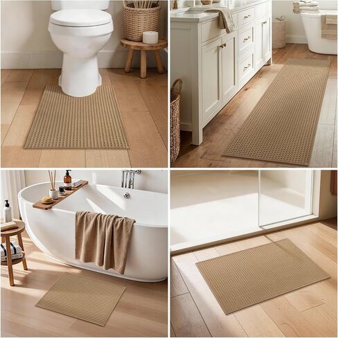YIHOUSE Waffle Ultra Thin Small Bath Mat, Soft & Absorbent Bathroom Rug, Non-Slip Rubber Backed, Quick Dry Shower Mat, Boho Farmhouse Bathroom Decor, Machine Washable, Khaki, 17 * 24 in Kuwait