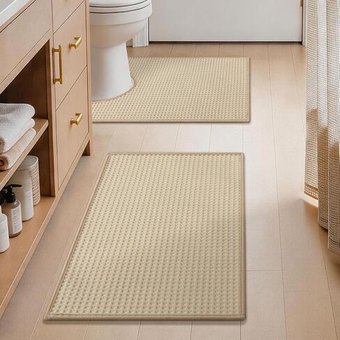 YIHOUSE Waffle Ultra Thin Small Bath Mat, Soft & Absorbent Bathroom Rug, Non-Slip Rubber Backed, Quick Dry Shower Mat, Boho Farmhouse Bathroom Decor, Machine Washable, Khaki, 17 * 24 in Kuwait