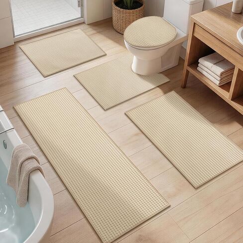 YIHOUSE Waffle Ultra Thin Small Bath Mat, Soft & Absorbent Bathroom Rug, Non-Slip Rubber Backed, Quick Dry Shower Mat, Boho Farmhouse Bathroom Decor, Machine Washable, Khaki, 17 * 24 in Kuwait