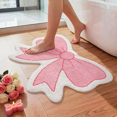 Pink Bow Bathroom Rug Cute Bath Mats Non Slip Preppy Coquette Rug Soft Plush Flocked Bath Mat Girly Bathroom Decor for Dorm Home Bedroom Gifts(Pink,Beige,21" X 28",Bow) in Saudi Arabia