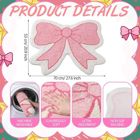Pink Bow Bathroom Rug Cute Bath Mats Non Slip Preppy Coquette Rug Soft Plush Flocked Bath Mat Girly Bathroom Decor for Dorm Home Bedroom Gifts(Pink,Beige,21" X 28",Bow) in Saudi Arabia