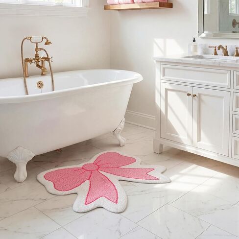 Pink Bow Bathroom Rug Cute Bath Mats Non Slip Preppy Coquette Rug Soft Plush Flocked Bath Mat Girly Bathroom Decor for Dorm Home Bedroom Gifts(Pink,Beige,21" X 28",Bow) in Saudi Arabia