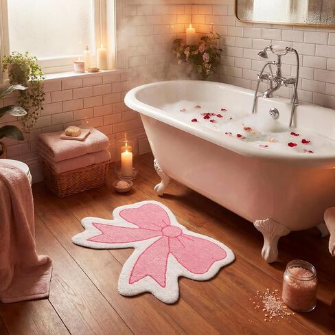 Pink Bow Bathroom Rug Cute Bath Mats Non Slip Preppy Coquette Rug Soft Plush Flocked Bath Mat Girly Bathroom Decor for Dorm Home Bedroom Gifts(Pink,Beige,21" X 28",Bow) in Saudi Arabia