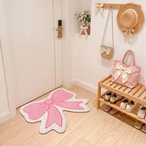 Pink Bow Bathroom Rug Cute Bath Mats Non Slip Preppy Coquette Rug Soft Plush Flocked Bath Mat Girly Bathroom Decor for Dorm Home Bedroom Gifts(Pink,Beige,21" X 28",Bow) in Saudi Arabia