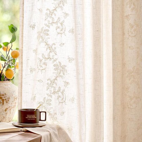 jinchan Evelyn Embroidered Linen Curtains Ivory Farmhouse Floral Window Drapes for Living Room Bedroom Cottagecore Semi Sheer Curtains 84 Inches Long Rod Pocket Back Tab 2 Panels in Kuwait