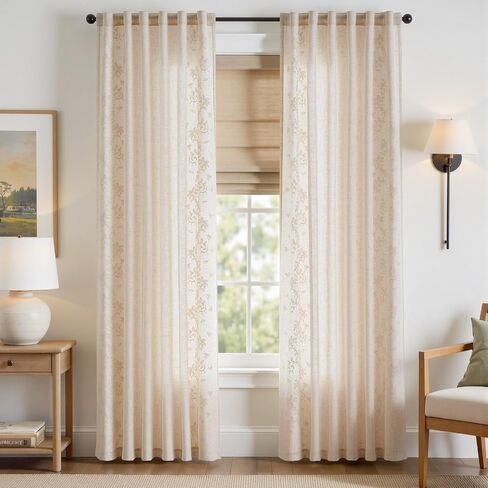 jinchan Evelyn Embroidered Linen Curtains Ivory Farmhouse Floral Window Drapes for Living Room Bedroom Cottagecore Semi Sheer Curtains 84 Inches Long Rod Pocket Back Tab 2 Panels in Kuwait