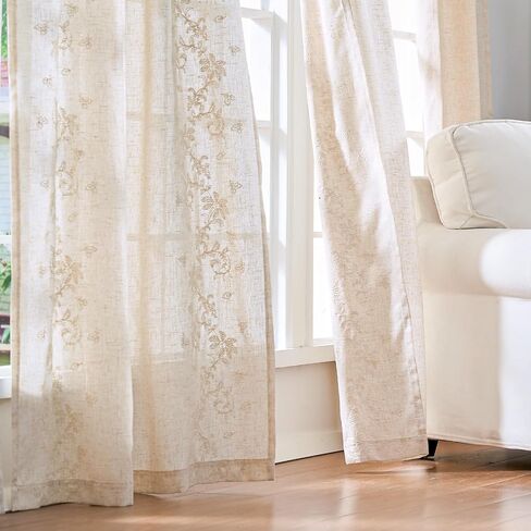 jinchan Evelyn Embroidered Linen Curtains Ivory Farmhouse Floral Window Drapes for Living Room Bedroom Cottagecore Semi Sheer Curtains 84 Inches Long Rod Pocket Back Tab 2 Panels in Kuwait