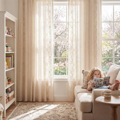 jinchan Evelyn Embroidered Linen Curtains Ivory Farmhouse Floral Window Drapes for Living Room Bedroom Cottagecore Semi Sheer Curtains 84 Inches Long Rod Pocket Back Tab 2 Panels in Kuwait