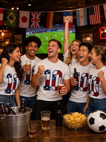 الرجال الولايات المتحدة الأمريكية بطولة كرة القدم المحملة 2026 لعبة يوم أمريكا كأس كرة القدم مروحة تي شيرت مع نجوم المشارب العلم اسكواش عدد in Kuwait