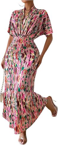 Women's Elegant Ruched Cinched Waist Maxi Dress Printed Wrap Dolman Sleeve Wedding Guest Dresses in Kuwait