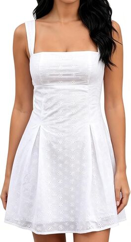 Women's Square Neck Eyelet Embroidery Backless Bow Tie A-Line Mini Dress for Graduation Summer Beach Vacation in Saudi Arabia
