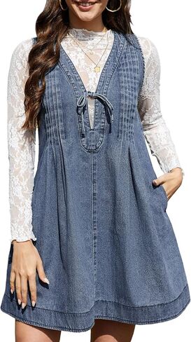 Women's Denim Mini Dress V Neck Sleeveless Pleated Flowy Overall Dress Casual Loose Fit Jean Dress Tie Front in Saudi Arabia