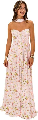 Pink Floral Strapless A-Line Bridesmaid Dresses with Scarf Long Ruched Chiffon Wedding Guest Dress for Women Size 2 in Kuwait