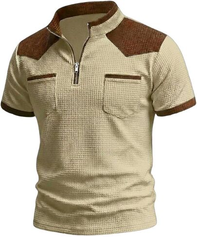 Mens Waffle Shirt Quarter Zip Pullover for Summer Breathable Shirts Workout Golf Tees Collared Short Sleeve T-Shirt in Saudi Arabia