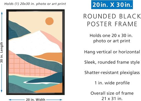 20x30 black wall-mounted picture frame with rounded corners; can be displayed vertically or horizontally; made of glass; ideal for displaying posters, art prints, and photos in Kuwait
