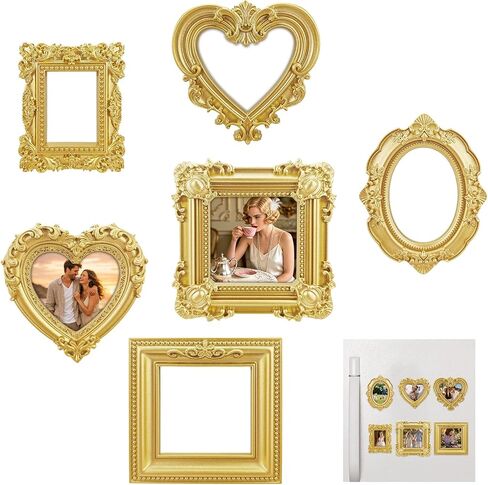 6PCS Small Picture Frames, Mini Gold Frames, Vintage Picture Frames with Magnetic DIY Tools, Resin Gold Frame Set, Magnetic Picture Frame for Refrigerator Victorian Style Decor in Saudi Arabia