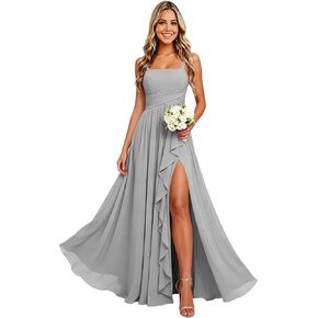 Square Neck Long Bridesmaid Dresses for Women Spaghetti Straps Ruched Ruffle Chiffon Formal Evening Gown with Slit in Saudi Arabia