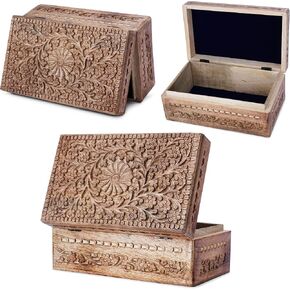 Ajuny Wooden Handcarved Decorative Jewelry Storage Box Flower Design Multipurpose Treasure Chest Keepsake Organizer Necklaces Watch Boxes Great for Gifts 10x6x4 Inch in Saudi Arabia