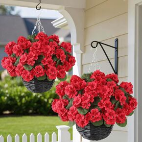 GLIDLION 2 Set Artificial Geraniums Flowers with Hanging Baskets for Outdoors - Sun Resistant Silk with Geranium Flowers, Fake Hanging Planters for Front Porch Garden Patio Home Decor (Red) in Saudi Arabia